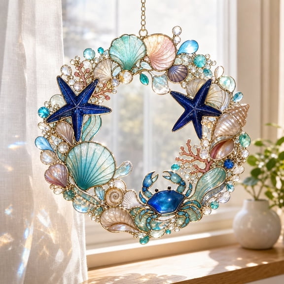 LANG ECOMMERCE Ocean Wreath Sun Catcher, Shell Window Hanging, Beach House Decor, Nautical Starfish C
