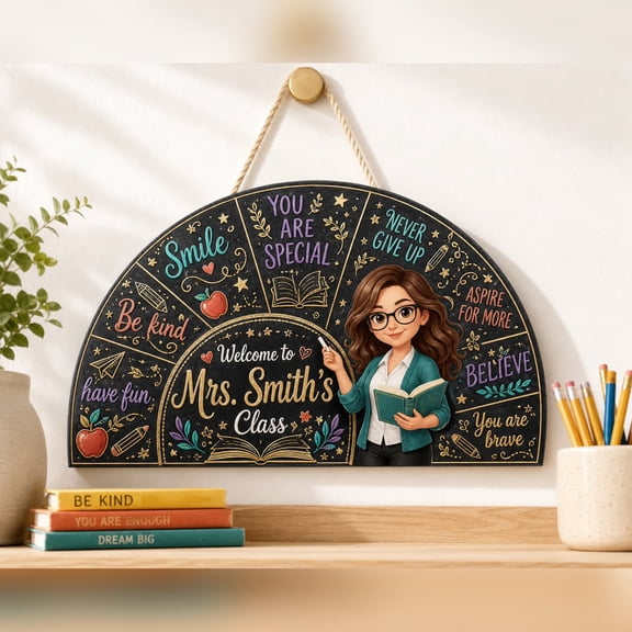LANG ECOMMERCE Personalized Door Hanger Sign Welcome Teacher Classroom Boho Sun Wooden Decor