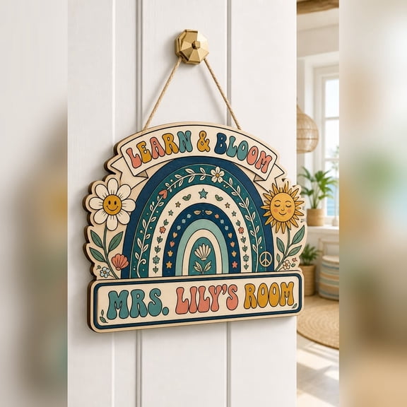 LANG ECOMMERCE Personalized Door Sign Retro Teacher Groovy Wooden Classroom Plaque