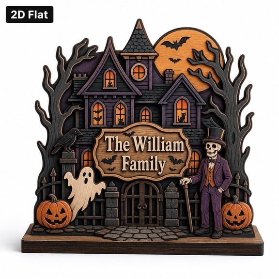 LANG ECOMMERCE Personalized Haunted Mansion Wooden Block, Custom Family Name Wood Shelf Sitter for Halloween Decor