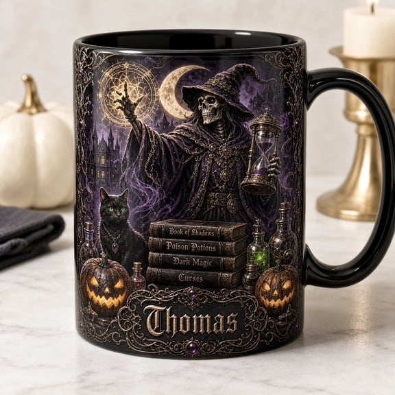LANG ECOMMERCE Personalized Mug Dark Skeleton Wizard Ceramic Coffee Cup Gothic Halloween Raven Witch Book Gift