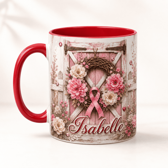 LANG ECOMMERCE Personalized Mug Gift Pink Ribbon Barn Door Ceramic Coffee Cup for Awareness Supporters