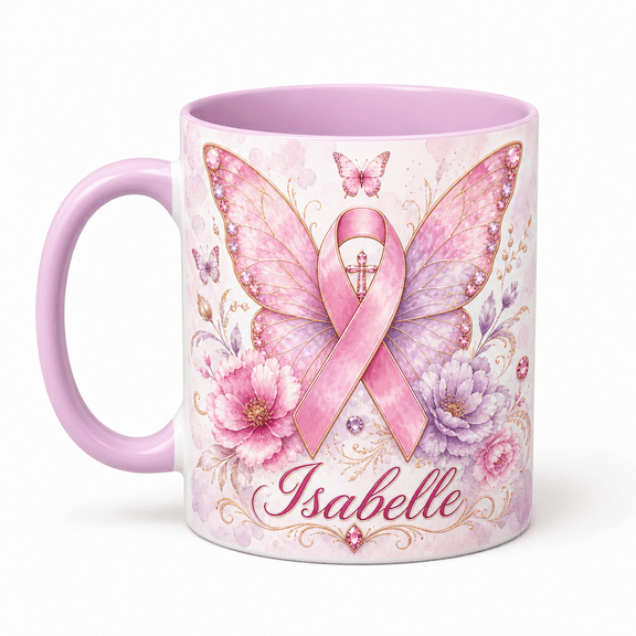 LANG ECOMMERCE Personalized Mug Gift, Pink Ribbon Butterfly Cross Ceramic Coffee Cup for Hope Support