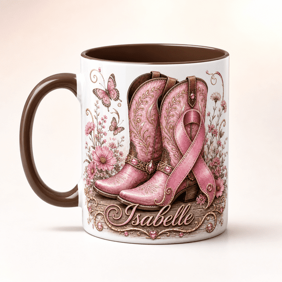 LANG ECOMMERCE Personalized Mug Gift Pink Ribbon Cowboy Boots Ceramic Coffee Cup for Western Support