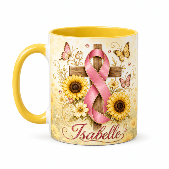 LANG ECOMMERCE Personalized Mug Sunflower Cross with Pink Ribbon, Custom Name Coffee Cup for Hope Gift