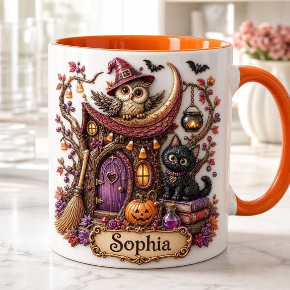 LANG ECOMMERCE Personalized Mug, Witch Tree House Owl Black Cat Pumpkin Ceramic Coffee Cup for Halloween Fall Gift