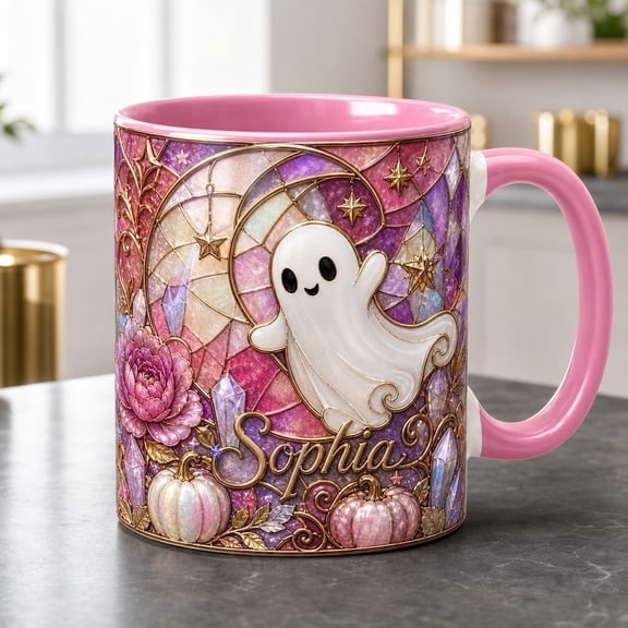 LANG ECOMMERCE Personalized Name Ghost Mug Cute Pastel Stained Glass Ceramic Coffee Cup Halloween Gift