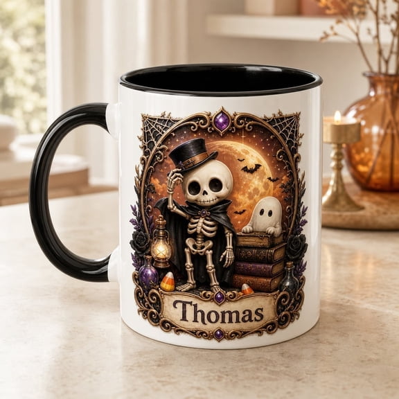 LANG ECOMMERCE Personalized Name Mug Spooky Skeleton Ghost Purple Ceramic Coffee Cup Halloween Gift