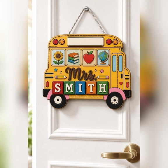 LANG ECOMMERCE Personalized School Bus Sign Custom Name Classroom Door Hanger Decor Teacher Gift