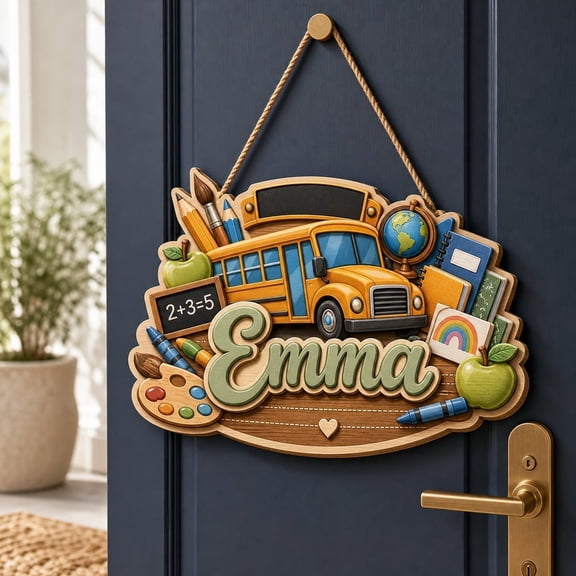 LANG ECOMMERCE Personalized School Bus Sign Wooden Wall Decor Classroom Teacher Name Back To School