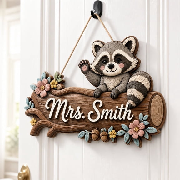 LANG ECOMMERCE Personalized Teacher Door Sign Raccoon Wooden Classroom Name Hanger