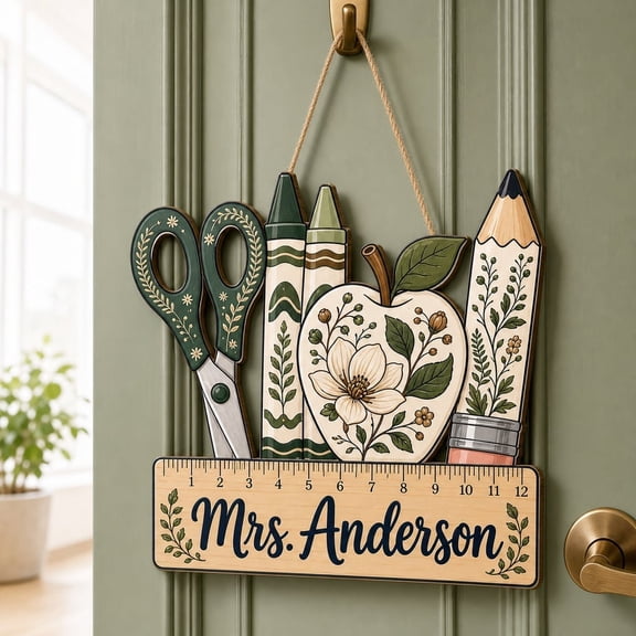 LANG ECOMMERCE Personalized Teacher Name Sign Blue Floral Wood Classroom Decor Back to School Gift
