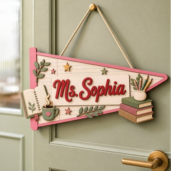 LANG ECOMMERCE Personalized Teacher Pennant Door Sign Custom Name Wood Classroom Decor Teacher Gift