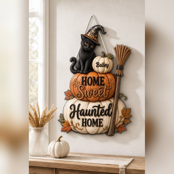 LANG ECOMMERCE Personalized Wood Sign Home Sweet Haunted Home Cat Halloween Decor Cat Lovers