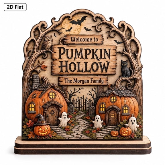 LANG ECOMMERCE Personalized Wooden Block Pumpkin Hollow Village Scene Wood Desk Decor Halloween Gift