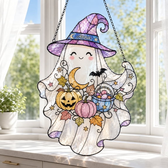 LANG ECOMMERCE Personalized ghost window decorations, cute witch hat ghost with pumpkin, autumn decoration gift.