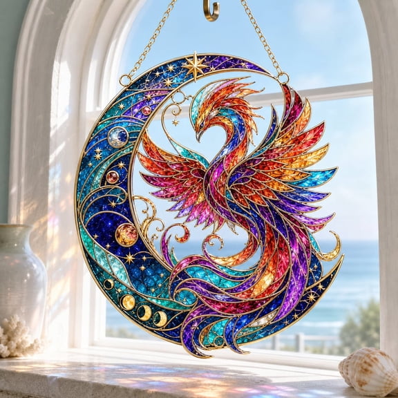 LANG ECOMMERCE Phoenix Acrylic Suncatcher Celestial Bird Window Hanging Galaxy Moon Fantasy Home Decor