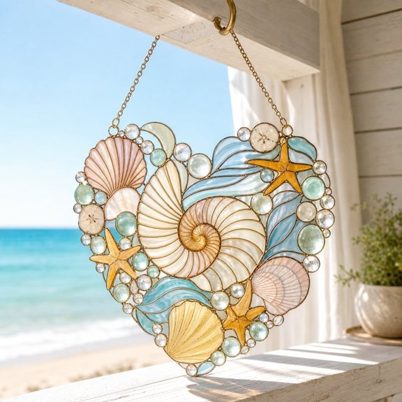 LANG ECOMMERCE Seashell Heart Stained Acrylic Suncatcher, Coastal Beach Window Hanging Decor, Ocean Lover Gift, Nau