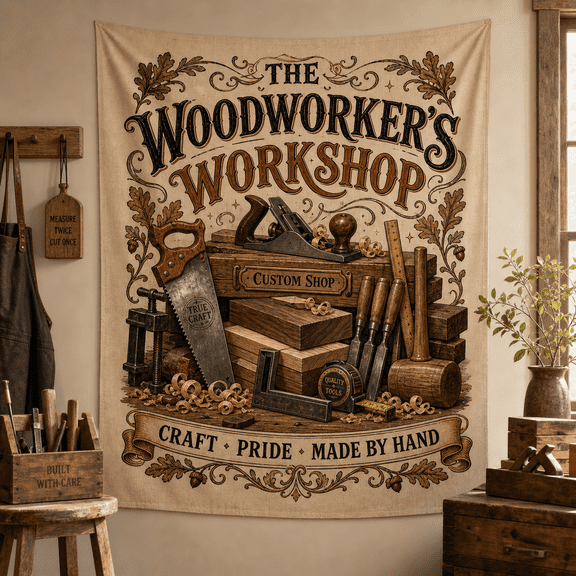 LANG ECOMMERCE Tapestry Woodworker's Workshop Design for Workshop Wall Hanging, Gift for Carpenter