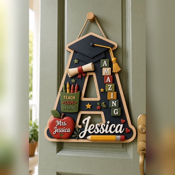 LANG ECOMMERCE Teacher Name Sign Personalized Wooden Classroom Door Hanger Back to School Gift