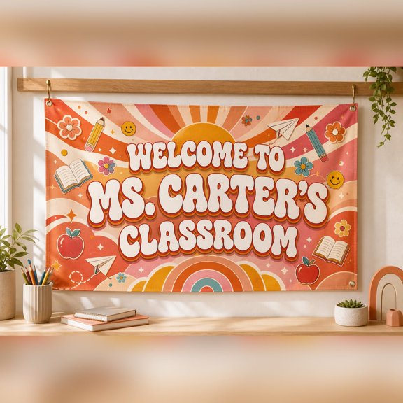 LANG ECOMMERCE Teacher Tapestry Personalized Groovy Name Fabric Classroom Decor Back To School