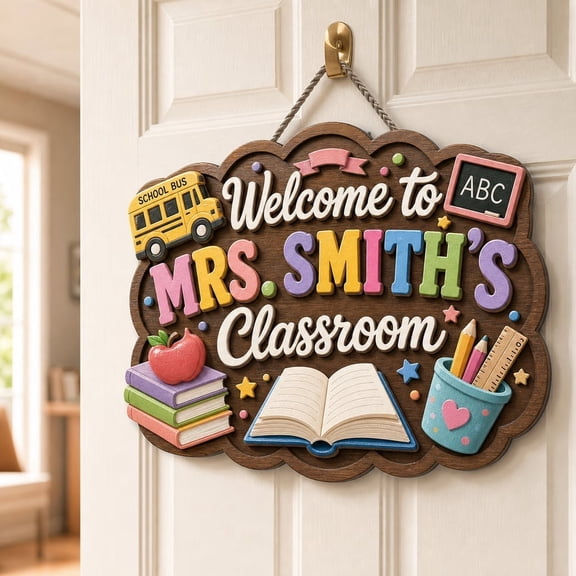 LANG ECOMMERCE Teacher Welcome Sign Personalized Name Wood Door Hanger Classroom Decor
