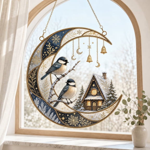 LANG ECOMMERCE Winter Moon Birds Cottage Acrylic Suncatcher | Glowing Light Wall Decor, Celestial Bird Art, Winter Scene Gift, Holiday Decor, Nature Lover