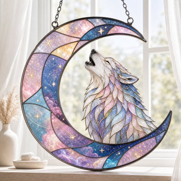 LANG ECOMMERCE Wolf Moon Acrylic Suncatcher, Galaxy Wolf Window Hanging, Crescent Moon Wolf Decor, Cosmic Animal , Fantasy Gift