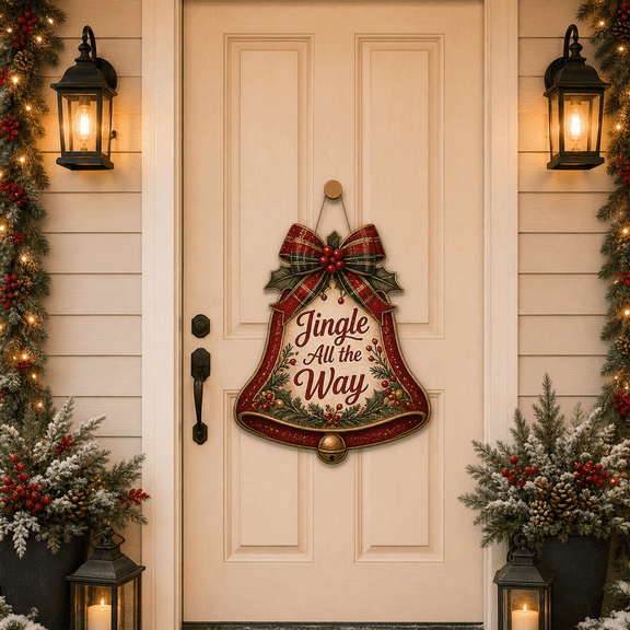 LANG ECOMMERCE Wood Sign Christmas Bell Holly Bow Front Door Hanging for Holiday Entryway
