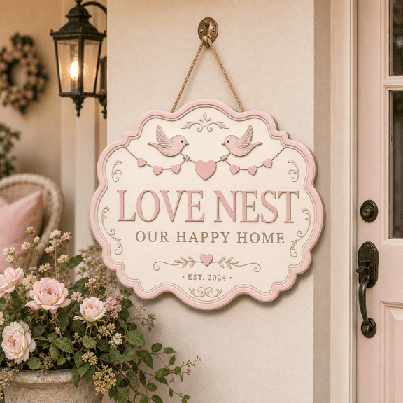 LANG ECOMMERCE Wood Sign Love Nest Bird and Heart Garland Wooden Door Hanger for Couples