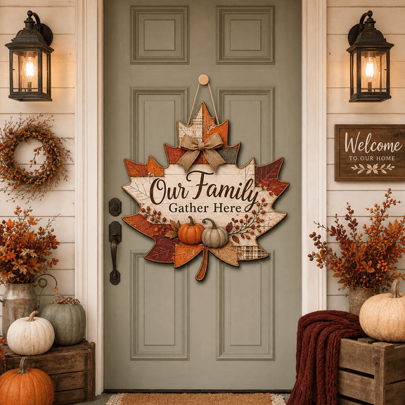 LANG ECOMMERCE Wood Sign Maple Leaf Family Wooden Front Door Hanging for Fall Families