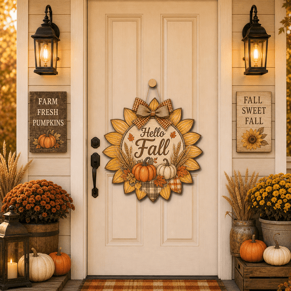 LANG ECOMMERCE Wood Sign Sunflower Harvest Wood Front Door Hanger for Fall Porch Entryway