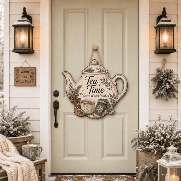 LANG ECOMMERCE Wood Sign Tea Time Winter Wood Door Hanger for Front Door Tea Lovers