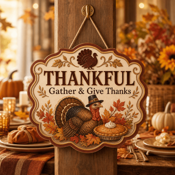 LANG ECOMMERCE Wood Sign Thankful Turkey and Pie Wood Hanging Table Decor for Thanksgiving Gatherings