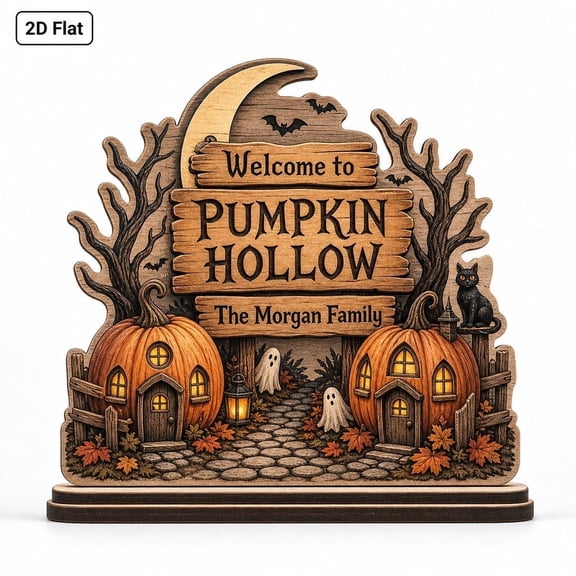LANG ECOMMERCE Wooden Block Personalized Pumpkin Hollow Village Scene Decor Sign Halloween Gift