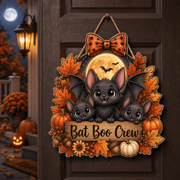 LANG ECOMMERCE Wooden Sign Bat Boo Crew Wood Door Hanger for Halloween Entryway Hosts