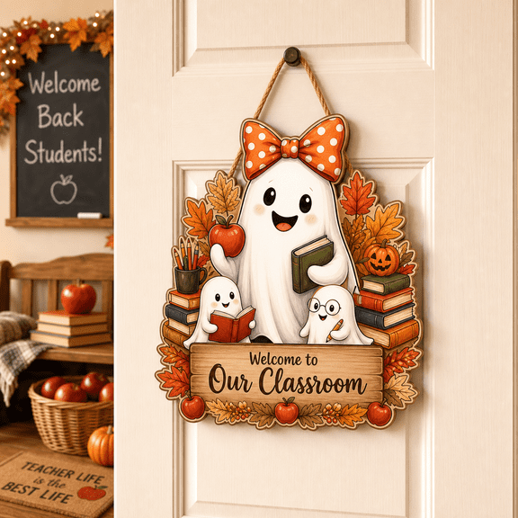 LANG ECOMMERCE Wooden Sign Halloween Teacher Ghost Apple Books Door Hanger for Classroom