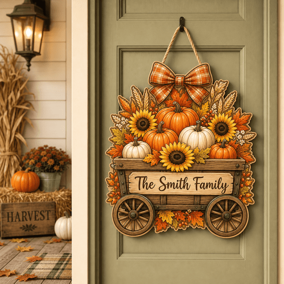 LANG ECOMMERCE Wooden Sign Harvest Wagon Pumpkin Sunflower Front Door Hanger for Family