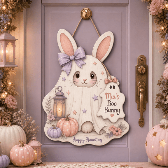 LANG ECOMMERCE Wooden Sign Plaque Personalized Bunny Ghost Wood Front Door Hanging for Halloween Bunny Lovers