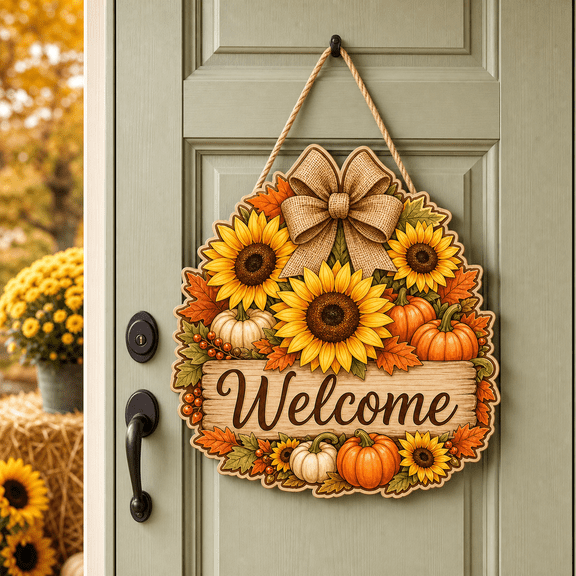 LANG ECOMMERCE Wooden Sign Sunflower Pumpkin Welcome Wood Front Door Hanging for Fall Housewarming