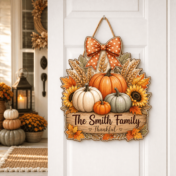 LANG ECOMMERCE Wooden Sign Thankful Family Pumpkin Scene Wood Door Hanging for Fall Families