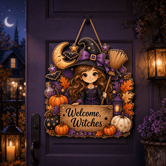 LANG ECOMMERCE Wooden Sign Witch Welcome Wooden Front Door Hanging for Halloween Hosts