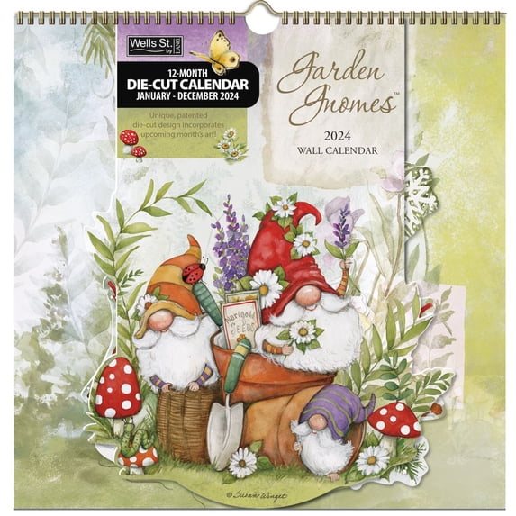 LANG Garden Gnomes 2024 Die-Cut Spiral Wall Calendar, 12" x 12", Multicolor