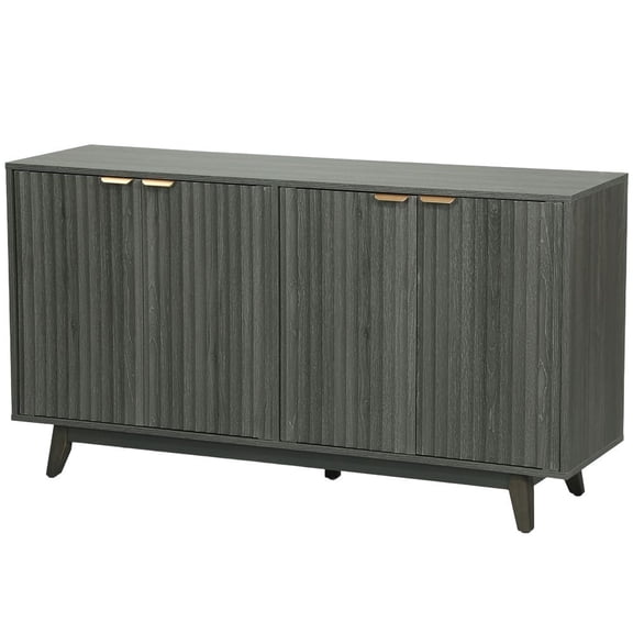 LANGKANG Distressed Gray 55 Inch Fluted Sideboard Buffet Cabinet 4 Doors 2 Adjustable Shelves 5 Solid Wood Legs Gold Pulls Multifunctional Coffee Bar TV Console