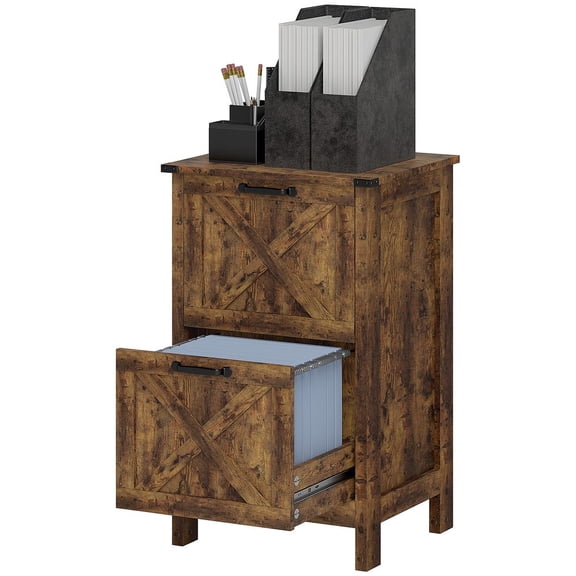 LANGKANG Two Drawer Vertical Rustic Farmhouse File Cabinet Barn Door Style Office Document Storage Cabinet for Letter A4 Paper Rustic Brown