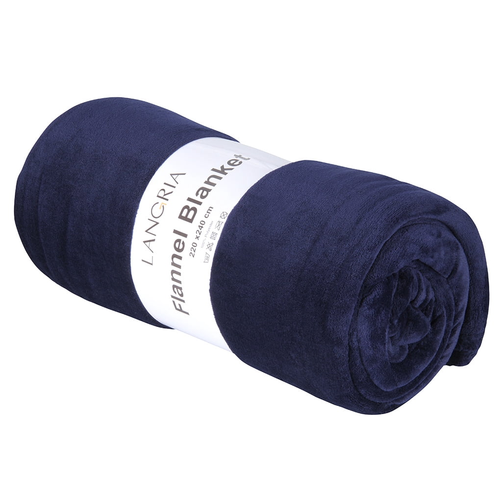 LANGRIA Cozy Flannel Blanket Throw for Adults Kids Home Outdoor Travel, Polyester Microfiber, Wrinkle Resistant, Anti-Fade, 87"x95″, Navy Blue