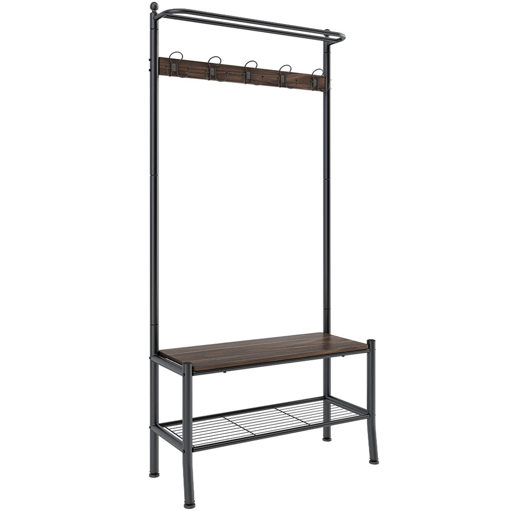 LANGRIA Entryway Metal Storage Shoe Bench with Coat Rack, 3 Tiers and 5 Free Hooks Black Finish