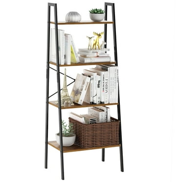 LANGRIA Industrial Ladder Shelf, 4-Tier Bookshelf, Storage Rack Shelves Organizer, Bathroom, Living Room, Study Room, Wood Look Accent Furniture Metal Frame. Antique Wood Design Shelving Unit.