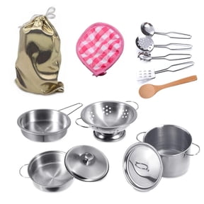 LANGSONGHONG 12PCS Realistic Pretend Play Kitchen Set, Pots & Pans with Storage Bag, Educational Cooking Toys Gift for Toddlers Girls Boys