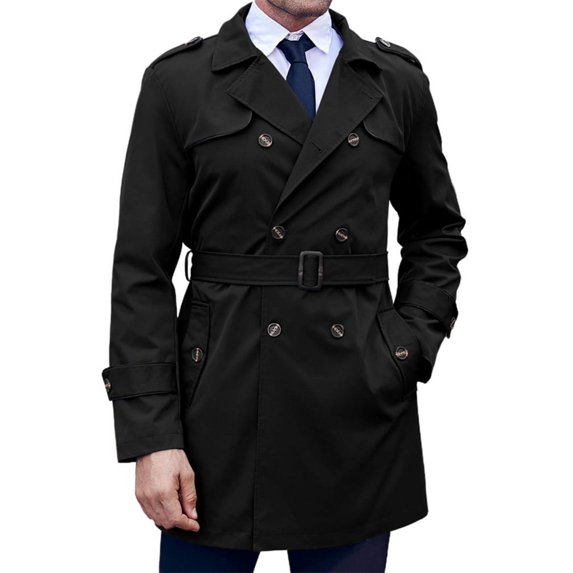LANGWYQU Double Breasted Men Solid Color Button Trenchcoat Male Lapel Waterproof Jacket Coat